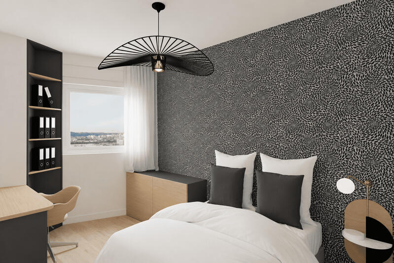 Chambre contemporaine noire, blanche et bois