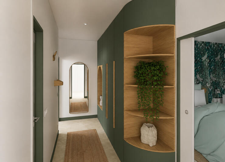 Meuble d'entrée sur-mesure kaki et bois